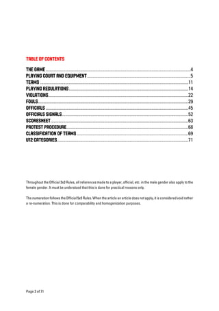 TABLE OF CONTENTS
THE GAME
PLAYING COURT AND EQUIPMENT
TEAMS
PLAYING REGULATIONS
VIOLATIONS
FOULS
OFFICIALS
OFFICIALS SIGNALS
SCORESHEET
PROTEST PROCEDURE
CLASSIFICATION OF TEAMS
U12 CATEGORIES
 