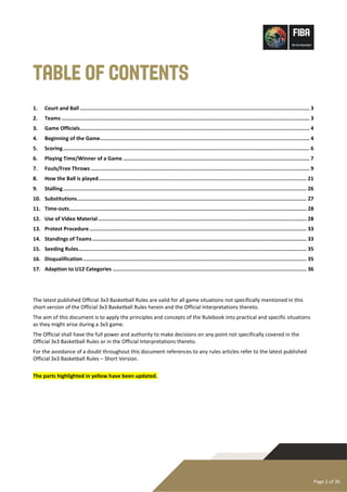 Page 2 of 36
Table of Contents
1. Court and Ball ..................................................................................................................................................... 3
2. Teams ................................................................................................................................................................. 3
3. Game Officials..................................................................................................................................................... 4
4. Beginning of the Game........................................................................................................................................ 4
5. Scoring................................................................................................................................................................ 6
6. Playing Time/Winner of a Game ......................................................................................................................... 7
7. Fouls/Free Throws .............................................................................................................................................. 9
8. How the Ball is played....................................................................................................................................... 21
9. Stalling.............................................................................................................................................................. 26
10. Substitutions..................................................................................................................................................... 27
11. Time-outs.......................................................................................................................................................... 28
12. Use of Video Material ....................................................................................................................................... 28
13. Protest Procedure............................................................................................................................................. 33
14. Standings of Teams........................................................................................................................................... 33
15. Seeding Rules.................................................................................................................................................... 35
16. Disqualification................................................................................................................................................. 35
17. Adaption to U12 Categories .............................................................................................................................. 36
The latest published Official 3x3 Basketball Rules are valid for all game situations not specifically mentioned in this
short version of the Official 3x3 Basketball Rules herein and the Official Interpretations thereto.
The aim of this document is to apply the principles and concepts of the Rulebook into practical and specific situations
as they might arise during a 3x3 game.
The Official shall have the full power and authority to make decisions on any point not specifically covered in the
Official 3x3 Basketball Rules or in the Official Interpretations thereto.
For the avoidance of a doubt throughout this document references to any rules articles refer to the latest published
Official 3x3 Basketball Rules – Short Version.
The parts highlighted in yellow have been updated.
 