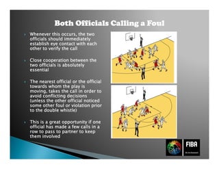 WheneverWheneverWheneverWhenever thisthisthisthis occursoccursoccursoccurs, the, the, the, the twotwotwotwo
officialsofficialsofficialsofficials shouldshouldshouldshould immediatelyimmediatelyimmediatelyimmediately
establishestablishestablishestablish eyeeyeeyeeye contactcontactcontactcontact withwithwithwith eacheacheacheach
otherotherotherother totototo verifyverifyverifyverify the callthe callthe callthe call
CloseCloseCloseClose cooperationcooperationcooperationcooperation betweenbetweenbetweenbetween thethethethe
twotwotwotwo officialsofficialsofficialsofficials isisisis absolutelyabsolutelyabsolutelyabsolutely
essentialessentialessentialessential
TheTheTheThe nearestnearestnearestnearest official or the officialofficial or the officialofficial or the officialofficial or the official
towardstowardstowardstowards whomwhomwhomwhom thethethethe playplayplayplay isisisis
movingmovingmovingmoving,,,, takestakestakestakes the call inthe call inthe call inthe call in orderorderorderorder totototo
avoidavoidavoidavoid conflictingconflictingconflictingconflicting decisionsdecisionsdecisionsdecisions
((((unlessunlessunlessunless thethethethe otherotherotherother officialofficialofficialofficial noticednoticednoticednoticed
somesomesomesome otherotherotherother foulfoulfoulfoul or violationor violationor violationor violation priorpriorpriorprior
to the doubleto the doubleto the doubleto the double whistlewhistlewhistlewhistle))))
ThisThisThisThis isisisis aaaa greatgreatgreatgreat opportunityopportunityopportunityopportunity if oneif oneif oneif one
official has made a few calls in aofficial has made a few calls in aofficial has made a few calls in aofficial has made a few calls in a
rowrowrowrow totototo passpasspasspass totototo partnerpartnerpartnerpartner totototo keepkeepkeepkeep
themthemthemthem involvedinvolvedinvolvedinvolved
BothBothBothBoth OfficialsOfficialsOfficialsOfficials CallingCallingCallingCalling aaaa FoulFoulFoulFoulBothBothBothBoth OfficialsOfficialsOfficialsOfficials CallingCallingCallingCalling aaaa FoulFoulFoulFoul
 
