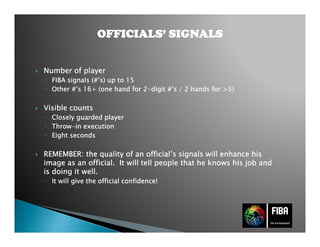 Number of playerNumber of playerNumber of playerNumber of player
◦ FIBA signals (#’s) up to 15FIBA signals (#’s) up to 15FIBA signals (#’s) up to 15FIBA signals (#’s) up to 15
◦ Other #’s 16+ (one hand for 2Other #’s 16+ (one hand for 2Other #’s 16+ (one hand for 2Other #’s 16+ (one hand for 2----digit #’s / 2 hands for >5)digit #’s / 2 hands for >5)digit #’s / 2 hands for >5)digit #’s / 2 hands for >5)
Visible countsVisible countsVisible countsVisible counts
◦ Closely guarded playerClosely guarded playerClosely guarded playerClosely guarded player
◦ ThrowThrowThrowThrow----in executionin executionin executionin execution
◦ Eight secondsEight secondsEight secondsEight seconds
REMEMBER: the quality of an official’s signals will enhance hisREMEMBER: the quality of an official’s signals will enhance hisREMEMBER: the quality of an official’s signals will enhance hisREMEMBER: the quality of an official’s signals will enhance his
image as an official. It will tell people that he knows his job andimage as an official. It will tell people that he knows his job andimage as an official. It will tell people that he knows his job andimage as an official. It will tell people that he knows his job and
is doing it well.is doing it well.is doing it well.is doing it well.
◦ It will give the official confidence!It will give the official confidence!It will give the official confidence!It will give the official confidence!
OFFICIALS’ SIGNALSOFFICIALS’ SIGNALSOFFICIALS’ SIGNALSOFFICIALS’ SIGNALSOFFICIALS’ SIGNALSOFFICIALS’ SIGNALSOFFICIALS’ SIGNALSOFFICIALS’ SIGNALS
 