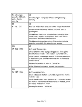 Page 14 of 58 
The following are examples of Officials calling Blocking – correctly 
VO 
The following are examples of Officials calling Blocking – correctly 
3.9 
M – NZL - SCG 
VO 
Now with the benefit of replay let’s further analyze the situation. 
White 8 dribbles the ball into the front court with Black 4 guarding him 
Black 4 moves towards the offensive player and cause illegal contact which impedes the progress of White 8, but the first blocking foul is missed by the trail official. 
Black 4 again impedes the progress of the opponent with the extended arm and this time a blocking foul is called. 
3.10 
(M – NZL – SCG) 
VO 
Let’s replay the sequence. 
White 10 from the initial legal guarding position plays against Black 4 who receives the ball in his back court and dribbles. 
White 10 moves backwards to maintain his position and remains in the dribbler’s path. When Black 4 moves into his front court contact occurs 
Blocking foul is called on White 10. Correct Call. 
White 10 illegally impedes the progress of an opponent. 
3.10 
(W – ESP – BRA) 
VO 
Let’s have a closer look. 
Blue 5 dribbles into the front court and then penetrates into the restricted area. 
White 12 switches but she is too late to take a position in front of the offensive player and contact occurs, not on the body, but on the knee of the defensive player. 
Blocking foul is called. Correct Call  