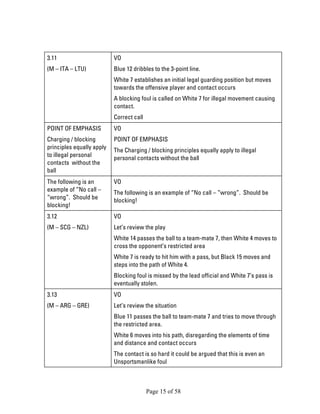 Page 15 of 58 
3.11 
(M – ITA – LTU) 
VO 
Blue 12 dribbles to the 3-point line. 
White 7 establishes an initial legal guarding position but moves towards the offensive player and contact occurs 
A blocking foul is called on White 7 for illegal movement causing contact. 
Correct call 
POINT OF EMPHASIS 
Charging / blocking principles equally apply to illegal personal contacts without the ball 
VO 
POINT OF EMPHASIS 
The Charging / blocking principles equally apply to illegal personal contacts without the ball 
The following is an example of “No call – “wrong”. Should be blocking! 
VO 
The following is an example of “No call – “wrong”. Should be blocking! 
3.12 
(M – SCG – NZL) 
VO 
Let’s review the play 
White 14 passes the ball to a team-mate 7, then White 4 moves to cross the opponent’s restricted area 
White 7 is ready to hit him with a pass, but Black 15 moves and steps into the path of White 4. 
Blocking foul is missed by the lead official and White 7’s pass is eventually stolen. 
3.13 
(M – ARG – GRE) 
VO 
Let’s review the situation 
Blue 11 passes the ball to team-mate 7 and tries to move through the restricted area. 
White 6 moves into his path, disregarding the elements of time and distance and contact occurs 
The contact is so hard it could be argued that this is even an Unsportsmanlike foul  