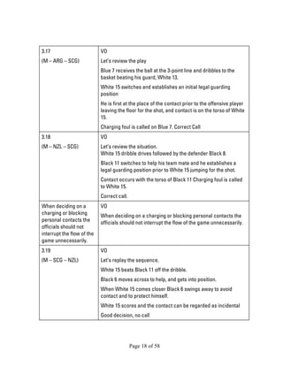 Page 18 of 58 
3.17 
(M – ARG – SCG) 
VO 
Let’s review the play 
Blue 7 receives the ball at the 3-point line and dribbles to the basket beating his guard, White 13. 
White 15 switches and establishes an initial legal guarding position 
He is first at the place of the contact prior to the offensive player leaving the floor for the shot, and contact is on the torso of White 15. 
Charging foul is called on Blue 7. Correct Call 
3.18 
(M – NZL – SCG) 
VO 
Let’s review the situation. White 15 dribble drives followed by the defender Black 8. 
Black 11 switches to help his team mate and he establishes a legal guarding position prior to White 15 jumping for the shot. 
Contact occurs with the torso of Black 11 Charging foul is called to White 15. 
Correct call. 
When deciding on a charging or blocking personal contacts the officials should not interrupt the flow of the game unnecessarily. 
VO 
When deciding on a charging or blocking personal contacts the officials should not interrupt the flow of the game unnecessarily. 
3.19 
(M – SCG – NZL) 
VO 
Let’s replay the sequence. 
White 15 beats Black 11 off the dribble. 
Black 6 moves across to help, and gets into position. 
When White 15 comes closer Black 6 swings away to avoid contact and to protect himself. 
White 15 scores and the contact can be regarded as incidental 
Good decision, no call  