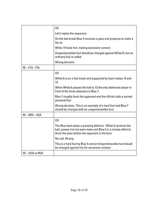 Page 28 of 58 
VO 
Let’s replay the sequence. 
On the fast break Blue 4 receives a pass and prepares to make a lay up 
White 15 fouls him, making excessive contact 
Unsportsmanlike foul should be charged against White15, but an ordinary foul is called. 
Wrong decision 
M – LTU - ITA 
VO 
White 6 is on a fast break and supported by team-mates 13 and 12. 
When White 6 passes the ball to 13 the only defensive player in front of the three attackers is Blue 7. 
Blue 7 roughly fouls the opponent and the official calls a normal personal foul 
Wrong decision. This is an example of a hard foul and Blue 7 should be charged with an unsportsmanlike foul. 
M – ARG - USA 
VO 
The Blue team plays a pressing defence. White 5 receives the ball, passes it to his team-mate and Blue 5 in a clumsy effort to block the pass strikes the opponent in the face 
No call. Wrong. 
This is a hard foul by Blue 5 and an Unsportsmanlike foul should be charged against him for excessive contact. 
W – USA vs RUS 
 