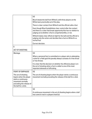 Page 30 of 58 
VO 
Blue 8 steals the ball from White 8, with three players on the White team practically out of the play. 
There is clear contact from White 8 and the official calls a foul. 
Even though Blue 8 establishes clear control after the contact and there is a clear fast break opportunity this has no relation to judging as to whether a foul is unsportsmanlike, or not. 
White 8 makes clear efforts to fight for the ball and the official is judging only the action and decides that a foul on White 8 is a normal foul 
Correct decision. 
6 
ACT OF SHOOTING 
Montage 
VO 
When a personal foul is committed on a player who is attempting a shot for a field goal the penalty always consists of a free throw or free throws 
It is clear that the decision on whether the offensive player is in the act of shooting when a foul is called is one of the most important elements of officiating. 
POINT OF EMPHASIS 
The act of shooting begins when the player starts a continuous movement normally preceding the release of the ball for a shot. 
VO 
The act of shooting begins when the player starts a continuous movement normally preceding the release of the ball for a shot. 
VO 
A continuous movement in the act of shooting begins when a ball has come to rest in a players hand (s)  