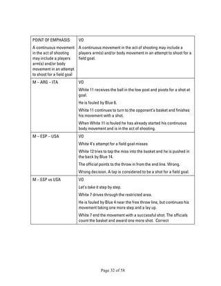 Page 32 of 58 
POINT OF EMPHASIS 
A continuous movement in the act of shooting may include a players arm(s) and/or body movement in an attempt to shoot for a field goal 
VO 
A continuous movement in the act of shooting may include a players arm(s) and/or body movement in an attempt to shoot for a field goal. 
M – ARG – ITA 
VO 
White 11 receives the ball in the low post and pivots for a shot at goal. 
He is fouled by Blue 6. 
White 11 continues to turn to the opponent’s basket and finishes his movement with a shot. 
When White 11 is fouled he has already started his continuous body movement and is in the act of shooting. 
M – ESP – USA 
VO 
White 4’s attempt for a field goal misses 
White 12 tries to tap the miss into the basket and he is pushed in the back by Blue 14. 
The official points to the throw in from the end line. Wrong. 
Wrong decision. A tap is considered to be a shot for a field goal. 
M – ESP vs USA 
VO 
Let’s take it step by step. 
White 7 drives through the restricted area. 
He is fouled by Blue 4 near the free throw line, but continues his movement taking one more step and a lay up. 
White 7 end the movement with a successful shot. The officials count the basket and award one more shot. Correct  