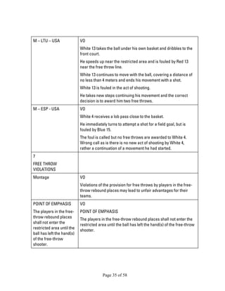 Page 35 of 58 
M – LTU – USA 
VO 
White 13 takes the ball under his own basket and dribbles to the front court. 
He speeds up near the restricted area and is fouled by Red 13 near the free throw line. 
White 13 continues to move with the ball, covering a distance of no less than 4 meters and ends his movement with a shot. 
White 13 is fouled in the act of shooting. 
He takes new steps continuing his movement and the correct decision is to award him two free throws. 
M – ESP - USA 
VO 
White 4 receives a lob pass close to the basket. 
He immediately turns to attempt a shot for a field goal, but is fouled by Blue 15. 
The foul is called but no free throws are awarded to White 4. Wrong call as is there is no new act of shooting by White 4, rather a continuation of a movement he had started. 
7 
FREE THROW VIOLATIONS 
Montage 
VO 
Violations of the provision for free throws by players in the free- throw rebound places may lead to unfair advantages for their teams. 
POINT OF EMPHASIS 
The players in the free- throw rebound places shall not enter the restricted area until the ball has left the hand(s) of the free-throw shooter. 
VO 
POINT OF EMPHASIS 
The players in the free-throw rebound places shall not enter the restricted area until the ball has left the hand(s) of the free-throw shooter.  
