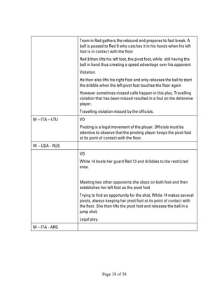 Page 38 of 58 
Team in Red gathers the rebound and prepares to fast break. A ball is passed to Red 9 who catches it in his hands when his left foot is in contact with the floor 
Red 9 then lifts his left foot, the pivot foot, while still having the ball in hand thus creating a speed advantage over his opponent 
Violation. 
He then also lifts his right Foot and only releases the ball to start the dribble when the left pivot foot touches the floor again 
However sometimes missed calls happen in this play. Travelling violation that has been missed resulted in a foul on the defensive player. 
Travelling violation missed by the officials. 
M – ITA – LTU 
VO 
Pivoting is a legal movement of the player. Officials must be attentive to observe that the pivoting player keeps the pivot foot at its point of contact with the floor. 
W – USA - RUS 
VO 
White 14 beats her guard Red 13 and dribbles to the restricted area. 
Meeting two other opponents she stops on both feet and then establishes her left foot as the pivot foot 
Trying to find an opportunity for the shot, White 14 makes several pivots, always keeping her pivot foot at its point of contact with the floor. She then lifts the pivot foot and releases the ball in a jump shot. 
Legal play. 
M – ITA - ARG 
 