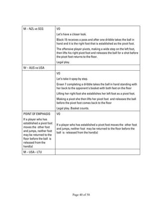 Page 40 of 58 
M – NZL vs SCG 
VO 
Let’s have a closer look. 
Black 15 receives a pass and after one dribble takes the ball in hand and it is the right foot that is established as the pivot foot. 
The offensive player pivots, making a wide step on the left foot, then lifts his right pivot foot and releases the ball for a shot before the pivot foot returns to the floor. 
Legal play. 
W – AUS vs USA 
VO 
Let’s take it spep by step. 
Green 7 completing a dribble takes the ball in hand standing with her back to the opponent's basket with both feet on the floor 
Lifting her right foot she establishes her left foot as a pivot foot. 
Making a pivot she then lifts her pivot foot and releases the ball before the pivot foot comes back to the floor 
Legal play. Basket counts. 
POINT OF EMPHASIS 
If a player who has established a pivot foot moves the other foot and jumps, neither foot may be returned to the floor before the ball is released from the hand(s) 
VO 
If a player who has established a pivot foot moves the other foot and jumps, neither foot may be returned to the floor before the ball is released from the hand(s) 
M – USA - LTU 
 