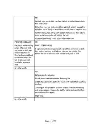 Page 41 of 58 
VO 
White 4 after one dribble catches the ball in his hands with both feet on the floor 
Either foot can now be the pivot foot. White 4 slightly moves the right foot and in doing so establishes the left foot as his pivot foot 
White 4 then jumps, lifting both feet off the floor and then returns them to the floor again, still holding the ball. 
Violation is correctly called by the nearest official 
POINT OF EMPHASIS 
If a player while moving jumps off a pivot foot and lands on both feet neither foot may be lifted and returned back to the floor before the ball is released from hand/s for a pass or shot 
VO 
POINT OF EMPHASIS 
If a player while moving jumps off a pivot foot and lands on both feet neither foot may be lifted and returned back to the floor before the ball is released from hand/s for a pass or shot. 
M – USA vs LTU 
VO 
Let’s review the situation 
Blue 4 penetrates to the basket. Finishing the 
dribble he catches the ball in his hands with his left foot touching the floor 
Jumping off this pivot foot he lands on both feet simultaneously and jumping again releases the ball for a shot before either foot returns to the floor again. 
Legal play. 
M – USA vs LTU 
 