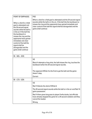 Page 49 of 58 
POINT OF EMPHASIS. 
When a shot for a field goal is attempted and the 24 second signal sounds while the ball is in the air if the ball hits the backboard or misses the ring and the opponents have gained immediate and clear control of the ball the signal shall be disregarded and the game shall continue 
POE 
When a shot for a field goal is attempted and the 24 second signal sounds while the ball is in the air, if the ball hits the backboard or misses the ring and the opponents have gained immediate and clear control of the ball the signal shall be disregarded and the game shall continue 
M – NZL - SCG 
VO 
Black 4 attempts a long shot, the ball misses the ring, touches the backboard when the 24-second signal sounds. 
The opponent White 4 is the first to get the ball and the game doesn't stop. 
Correct 
M – LTU - USA 
VO 
Red 13 blocks the shot of White 8. 
The 24 second signal sounds while the ball is in the air and Red 14 gains possession. 
Red 14 then gives long pass to player 9 who dunks, but officials have already stopped the game for a 24 second violation and they cancel the basket. 
Wrong.  