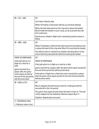 Page 56 of 58 
M – LTU - USA 
VO 
Let’s take it step by step. 
White 15 finishes a fast break with lay up and dunk attempt. 
When the ball rebounds from the ring and is above the basket Blue 6 holds the basket in such a way, so as to prevent the ball from entering it 
Interference violation. Right call in awarding 2 points to team in White. 
M – ARG - USA 
VO 
White 13 attempts a field and the ball touches the backboard and is above the level of the ring when Blue 15 is touching the basket. 
The official calls an interference violation deciding that it is this action that has prevented the ball from entering the basket 
POINT OF EMPHASIS 
If the ball which is in flight on a shot for a field 
goal is touched by a player after the game clock signal sounds for the end of the period the ball becomes dead 
VO 
POINT OF EMPHASIS 
If the ball which is in flight on a shot for a field 
goal is touched by a player after the game clock signal sounds for the end of the period the ball becomes dead 
If the ball is in flight from a field shot and is touched by a player after the game clock signal sounds for the end of the period the ball becomes dead. 
M – USA vs LTU 
VO 
Blue 4 releases the ball during a shot for a field goal with 0.3 seconds left in the 1st quarter. 
The game clock signal sounds when the ball is in the air. The ball is then tapped into the basket by offensive player Blue 11 
Violation. Basket does not count 
11. TECHNICAL FOUL 
1. Falling to make a foul 
 