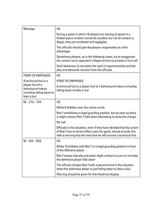 Page 57 of 58 
Montage 
VO 
During a game in which 10 players are moving at speed in a limited space contact cannot be avoided, but not all contact is illegal, they are incidental and negligible, 
The officials should give the players responsible an unfair advantage. 
Sometimes players, as in the following cases, try to exaggerate the contact as an opponent’s illegal actions to provoke a foul call. 
Such behaviour is not within the spirit of sportsmanship and fair play and demands reaction from the officials. 
POINT OF EMPHASIS 
A technical foul is a player foul of a behavioural nature including falling down to fake a foul 
VO 
POINT OF EMPHASIS 
A technical foul is a player foul of a behavioural nature including falling down to fake a foul 
M – LTU – CHI 
VO 
White 8 dribbles near the centre circle. 
Red 7 establishes a legal guarding position, but as soon as there is slight contact Red 7 falls down attempting to draw the charge. 
No call. 
Officials in this situation, even if they have decided that the action of Red 7 has no direct effect upon the game, should provide him with a warning that the next time he will receive a technical foul. 
M – CHI - SCG 
VO 
White 15 dribbles with Red 7 in a legal guarding position in front of the offensive player. 
Red 7 moves laterally and when slight contact occurs on his body the defensive player falls down 
The official charges Red 7 with a personal foul in this situation when the defensive player is just falling down to fake a foul. 
Warning should be given for this theatrical display  