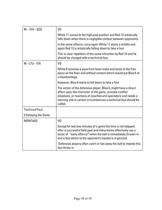 Page 58 of 58 
M – CHI - SCG 
VO 
White 11 comes to the high post position and Red 12 artistically falls down when there is negligible contact between opponents 
In the same offence, once again White 11 starts a dribble and again Red 12 is artistically falling down to fake a foul. 
This is clear repetition of the same infraction by Red 12 and he should be charged with a technical foul. 
M - LTU - ITA 
VO 
White 9 receives a pass from team-mate and lands at the free place on the floor and without contact which would put Blue 6 at a disadvantage. 
However, Blue 6 starts to fall down to fake a foul 
The action of the defensive player, Blue 6, might have a direct effect upon the character of the game, provoke conflict situations, or reactions of coaches and spectators and needs a warning and in certain circumstances a technical foul should be called. 
Technical Foul. 
2 Delaying the Game 
MONTAGE 
VO 
Except for last two minutes of a game the time is not stopped after a successful field goal and many teams effectively use a tactic of “early offence” when the ball is immediately thrown-in and a fast attack to the opponent’s basket is organized. 
Defensive players often catch or bat away the ball to impede this fast throw-in  