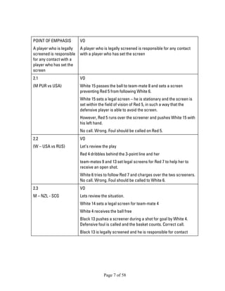 Page 7 of 58 
POINT OF EMPHASIS 
A player who is legally screened is responsible for any contact with a player who has set the screen 
VO 
A player who is legally screened is responsible for any contact with a player who has set the screen 
2.1 
(M PUR vs USA) 
VO 
White 15 passes the ball to team-mate 8 and sets a screen preventing Red 5 from following White 6. 
White 15 sets a legal screen – he is stationary and the screen is set within the field of vision of Red 5, in such a way that the defensive player is able to avoid the screen. 
However, Red 5 runs over the screener and pushes White 15 with his left hand. 
No call. Wrong. Foul should be called on Red 5. 
2.2 
(W – USA vs RUS) 
VO 
Let’s review the play 
Red 4 dribbles behind the 3-point line and her 
team-mates 9 and 13 set legal screens for Red 7 to help her to receive an open shot. 
White 6 tries to follow Red 7 and charges over the two screeners. No call. Wrong. Foul should be called to White 6. 
2.3 
M – NZL - SCG 
VO 
Lets review the situation. 
White 14 sets a legal screen for team-mate 4 
White 4 receives the ball free 
Black 13 pushes a screener during a shot for goal by White 4. Defensive foul is called and the basket counts. Correct call. 
Black 13 is legally screened and he is responsible for contact  