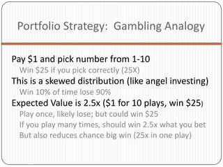 Portfolio Strategy: Gambling Analogy

Pay $1 and pick number from 1-10
  Win $25 if you pick correctly (25X)
This is a skewed distribution (like angel investing)
  Win 10% of time lose 90%
Expected Value is 2.5x ($1 for 10 plays, win $25)
  Play once, likely lose; but could win $25
  If you play many times, should win 2.5x what you bet
  But also reduces chance big win (25x in one play)
 