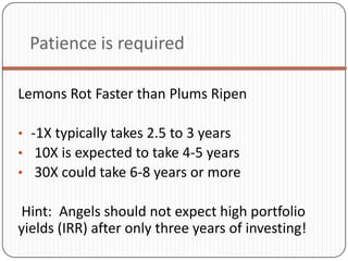 Patience is required

Lemons Rot Faster than Plums Ripen

• -1X typically takes 2.5 to 3 years
• 10X is expected to take 4-5 years
• 30X could take 6-8 years or more

Hint: Angels should not expect high portfolio
yields (IRR) after only three years of investing!
 
