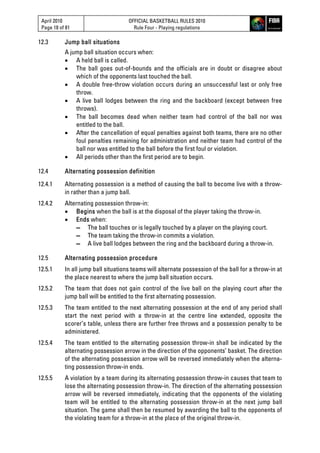 April 2010
Page 18 of 81
OFFICIAL BASKETBALL RULES 2010
Rule Four - Playing regulations
12.3 Jump ball situations
A jump ball situation occurs when:
 A held ball is called.
 The ball goes out-of-bounds and the officials are in doubt or disagree about
which of the opponents last touched the ball.
 A double free-throw violation occurs during an unsuccessful last or only free
throw.
 A live ball lodges between the ring and the backboard (except between free
throws).
 The ball becomes dead when neither team had control of the ball nor was
entitled to the ball.
 After the cancellation of equal penalties against both teams, there are no other
foul penalties remaining for administration and neither team had control of the
ball nor was entitled to the ball before the first foul or violation.
 All periods other than the first period are to begin.
12.4 Alternating possession definition
12.4.1 Alternating possession is a method of causing the ball to become live with a throw-
in rather than a jump ball.
12.4.2 Alternating possession throw-in:
 Begins when the ball is at the disposal of the player taking the throw-in.
 Ends when:
▬ The ball touches or is legally touched by a player on the playing court.
▬ The team taking the throw-in commits a violation.
▬ A live ball lodges between the ring and the backboard during a throw-in.
12.5 Alternating possession procedure
12.5.1 In all jump ball situations teams will alternate possession of the ball for a throw-in at
the place nearest to where the jump ball situation occurs.
12.5.2 The team that does not gain control of the live ball on the playing court after the
jump ball will be entitled to the first alternating possession.
12.5.3 The team entitled to the next alternating possession at the end of any period shall
start the next period with a throw-in at the centre line extended, opposite the
scorer’s table, unless there are further free throws and a possession penalty to be
administered.
12.5.4 The team entitled to the alternating possession throw-in shall be indicated by the
alternating possession arrow in the direction of the opponents’ basket. The direction
of the alternating possession arrow will be reversed immediately when the alterna-
ting possession throw-in ends.
12.5.5 A violation by a team during its alternating possession throw-in causes that team to
lose the alternating possession throw-in. The direction of the alternating possession
arrow will be reversed immediately, indicating that the opponents of the violating
team will be entitled to the alternating possession throw-in at the next jump ball
situation. The game shall then be resumed by awarding the ball to the opponents of
the violating team for a throw-in at the place of the original throw-in.
 