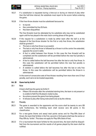 OFFICIAL BASKETBALL RULES 2010
Rule Four - Playing regulations
April 2010
Page 25 of 81
19.3.7 If a substitution is requested during a time-out or during an interval of play other
than the half-time interval, the substitute must report to the scorer before entering
the game.
19.3.8 If the free-throw shooter must be substituted because he:
 Is injured.
 Has committed his five (5) fouls.
 Has been disqualified.
The free throw(s) must be attempted by his substitute who may not be substituted
again until he has played in the next clock-running phase of the game.
19.3.9 If the request for a substitution is made by either team after the ball is at the
disposal of the free-throw shooter for the first or only free throw, the substitution
shall be granted if:
 The last or only free throw is successful.
 The last or only free throw is followed by a throw-in at the centre line extended,
opposite the scorer’s table.
 A foul is called between free throws. In this case the free throw(s) will be
completed and the substitution will be permitted before the new foul penalty is
administered.
 A foul is called before the ball becomes live after the last or only free throw. In
this case the substitution will be permitted before the new foul penalty is
administered.
 A violation is called before the ball becomes live after the last or only free
throw. In this case the substitution will be permitted before the throw-in is
administered.
In the event of consecutive sets of free throws resulting from more than one (1) foul
penalty, each set is to be treated separately.
Art. 20 Game lost by forfeit
20.1 Rule
A team shall lose the game by forfeit if:
 Fifteen (15) minutes after the scheduled starting time, the team is not present or
is unable to field five (5) players ready to play.
 Its actions prevent the game from being played.
 It refuses to play after being instructed to do so by the referee.
20.2 Penalty
20.2.1 The game is awarded to the opponents and the score shall be twenty to zero (20
to 0). Furthermore, the forfeiting team shall receive zero (0) points in the
classification.
20.2.2 For a two-game (home and away) total points series and for Play-Offs (best of
three), the team that forfeits in the first, second or third game shall lose the series or
Play-Offs by 'forfeit'. This does not apply for Play-Offs (best of five).
20.2.3 If in a tournament the team forfeits for the second time, the team shall be disquali-
fied from the tournament and the results of all games played by this team shall be
nullified.
 
