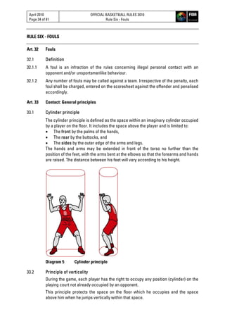 April 2010
Page 34 of 81
OFFICIAL BASKETBALL RULES 2010
Rule Six - Fouls
RULE SIX - FOULS
Art. 32 Fouls
32.1 Definition
32.1.1 A foul is an infraction of the rules concerning illegal personal contact with an
opponent and/or unsportsmanlike behaviour.
32.1.2 Any number of fouls may be called against a team. Irrespective of the penalty, each
foul shall be charged, entered on the scoresheet against the offender and penalised
accordingly.
Art. 33 Contact: General principles
33.1 Cylinder principle
The cylinder principle is defined as the space within an imaginary cylinder occupied
by a player on the floor. It includes the space above the player and is limited to:
 The front by the palms of the hands,
 The rear by the buttocks, and
 The sides by the outer edge of the arms and legs.
The hands and arms may be extended in front of the torso no further than the
position of the feet, with the arms bent at the elbows so that the forearms and hands
are raised. The distance between his feet will vary according to his height.
Diagram 5 Cylinder principle
33.2 Principle of verticality
During the game, each player has the right to occupy any position (cylinder) on the
playing court not already occupied by an opponent.
This principle protects the space on the floor which he occupies and the space
above him when he jumps vertically within that space.
 