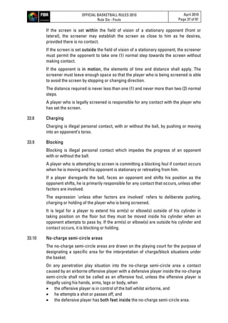 OFFICIAL BASKETBALL RULES 2010
Rule Six - Fouls
April 2010
Page 37 of 81
If the screen is set within the field of vision of a stationary opponent (front or
lateral), the screener may establish the screen as close to him as he desires,
provided there is no contact.
If the screen is set outside the field of vision of a stationary opponent, the screener
must permit the opponent to take one (1) normal step towards the screen without
making contact.
If the opponent is in motion, the elements of time and distance shall apply. The
screener must leave enough space so that the player who is being screened is able
to avoid the screen by stopping or changing direction.
The distance required is never less than one (1) and never more than two (2) normal
steps.
A player who is legally screened is responsible for any contact with the player who
has set the screen.
33.8 Charging
Charging is illegal personal contact, with or without the ball, by pushing or moving
into an opponent’s torso.
33.9 Blocking
Blocking is illegal personal contact which impedes the progress of an opponent
with or without the ball.
A player who is attempting to screen is committing a blocking foul if contact occurs
when he is moving and his opponent is stationary or retreating from him.
If a player disregards the ball, faces an opponent and shifts his position as the
opponent shifts, he is primarily responsible for any contact that occurs, unless other
factors are involved.
The expression 'unless other factors are involved' refers to deliberate pushing,
charging or holding of the player who is being screened.
It is legal for a player to extend his arm(s) or elbow(s) outside of his cylinder in
taking position on the floor but they must be moved inside his cylinder when an
opponent attempts to pass by. If the arm(s) or elbow(s) are outside his cylinder and
contact occurs, it is blocking or holding.
33.10 No-charge semi-circle areas
The no-charge semi-circle areas are drawn on the playing court for the purpose of
designating a specific area for the interpretation of charge/block situations under
the basket.
On any penetration play situation into the no-charge semi-circle area a contact
caused by an airborne offensive player with a defensive player inside the no-charge
semi-circle shall not be called as an offensive foul, unless the offensive player is
illegally using his hands, arms, legs or body, when
 the offensive player is in control of the ball whilst airborne, and
 he attempts a shot or passes off, and
 the defensive player has both feet inside the no-charge semi-circle area.
 