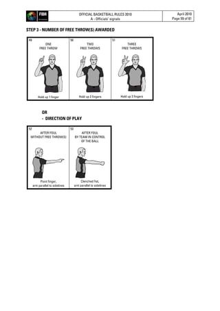 OFFICIAL BASKETBALL RULES 2010
A - Officials’ signals
April 2010
Page 59 of 81
STEP 3 - NUMBER OF FREE THROW(S) AWARDED
49
ONE
FREE THROW
Hold up 1 finger
50
TWO
FREE THROWS
Hold up 2 fingers
51
THREE
FREE THROWS
Hold up 3 fingers
OR
- DIRECTION OF PLAY
52
AFTER FOUL
WITHOUT FREE THROW(S)
Point finger,
arm parallel to sidelines
53
AFTER FOUL
BY TEAM IN CONTROL
OF THE BALL
Clenched fist,
arm parallel to sidelines
 