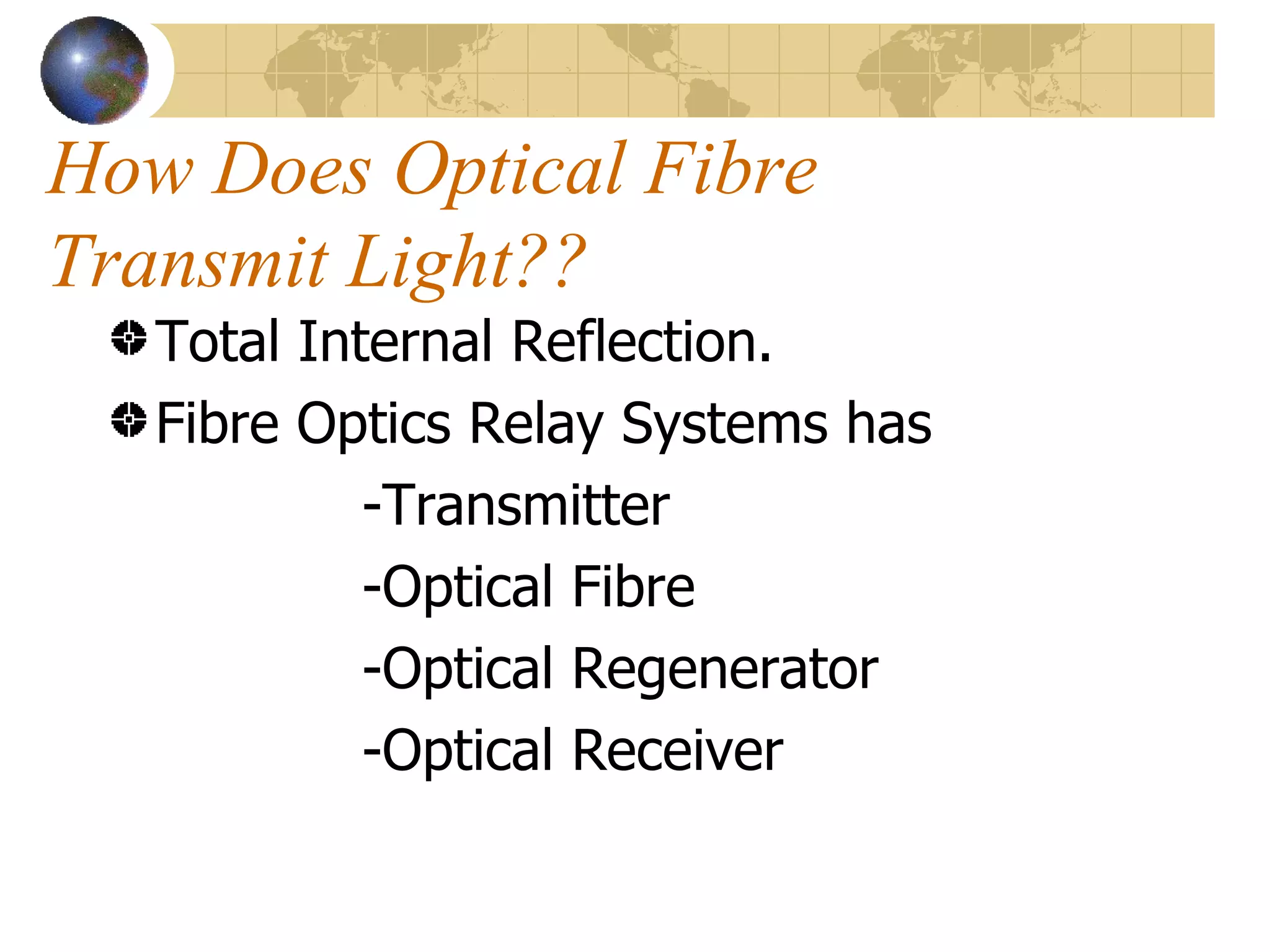 How Does Optical Fibre Transmit Light?? Total Internal Reflection. Fibre Optics Relay Systems has -Transmitter -Optical Fibre -Optical Regenerator -Optical Receiver 