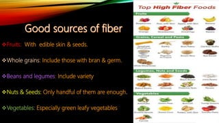 Fruits: With edible skin & seeds.
Whole grains: Include those with bran & germ.
Beans and legumes: Include variety
Nuts & Seeds: Only handful of them are enough.
Vegetables: Especially green leafy vegetables
 
