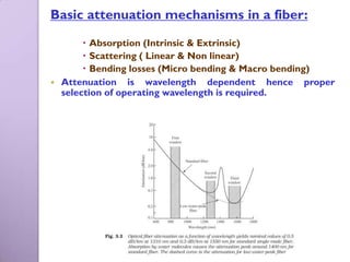 Basic attenuation mechanisms in a fiber:
          Absorption (Intrinsic & Extrinsic)
          Scattering ( Linear & Non linear)
          Bending losses (Micro bending & Macro bending)
   Attenuation is wavelength dependent hence proper
    selection of operating wavelength is required.
 