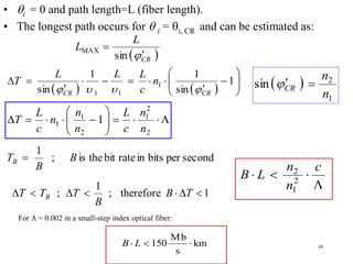 • i = 0 and path length=L (fiber length).
• The longest path occurs for  i = i, CR and can be estimated as:
                            L
              LMAX 
                       sin   CR 
                               
              L           1L      L      1                                      n2
T                 
     sin   CR   1  1
                                   
                            n1                1
                                                              sin   CR
                                                                              
                          c        sin   CR 
                                                                                n1
    L        n1   L n1   2
T   n1  
             n 1  c  n 
                  
    c        2           2

     1
TB    ;           B is the bit rate in bits per second
     B                                                              n2 c
                                                              BL  2 
                      1                                             n1 
 T  TB       ; T    ; therefore B  T  1
                      B
   For  = 0.002 in a small-step index optical fiber:

                                                    Mb
                                      B  L  150       km                      49
                                                    s
 