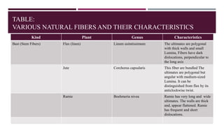 TABLE:
VARIOUS NATURAL FIBERS AND THEIR CHARACTERISTICS
Kind Plant Genus Characteristics
Bast (Stem Fibers) Flax (linen) Linum usitatissimum The ultimates are polygonal
with thick walls and small
Lumina, Fibers have dark
dislocations, perpendicular to
the long axis
Jute Corchorus capsularis This fiber are bundled The
ultimates are polygonal but
angular with medium-sized
Lumina. It can be
distinguished from flax by its
anticlockwise twist.
Ramie Boehmeria nivea Ramie has very long and wide
ultimates. The walls are thick
and, appear flattened. Ramie
has frequent and short
dislocations.
 