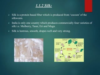 1.1.2 Silk:
 Silk is a protein based fiber which is produced from ‘cocoon’ of the
silkworm.
 India is only one country which produces commercially four varieties of
silk i.e. Mulberry, Tasar, Eri and Muga.
 Silk is lustrous, smooth, drapes well and very strong.
 