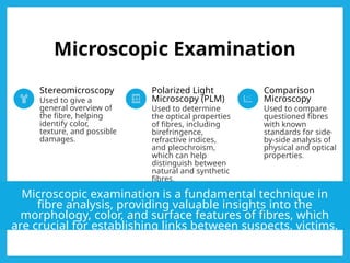 Microscopic Examination
Stereomicroscopy
Used to give a
general overview of
the fibre, helping
identify color,
texture, and possible
damages.
Polarized Light
Microscopy (PLM)
Used to determine
the optical properties
of fibres, including
birefringence,
refractive indices,
and pleochroism,
which can help
distinguish between
natural and synthetic
fibres.
Comparison
Microscopy
Used to compare
questioned fibres
with known
standards for side-
by-side analysis of
physical and optical
properties.
Microscopic examination is a fundamental technique in
fibre analysis, providing valuable insights into the
morphology, color, and surface features of fibres, which
are crucial for establishing links between suspects, victims,
and crime scenes.
 