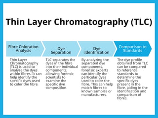 Thin Layer Chromatography (TLC)
Fibre Coloration
Analysis
Thin Layer
Chromatography
(TLC) is used to
analyze the dyes
within fibres. It can
help identify the
specific dyes used
to color the fibre.
Dye
Separation
TLC separates the
dyes in the fibre
into their individual
components,
allowing forensic
scientists to
examine the
specific dye
composition.
Dye
Identification
By analyzing the
separated dye
components,
forensic experts
can identify the
particular dyes
used to color the
fibre. This can help
match fibres to
known samples or
manufacturers.
Comparison to
Standards
The dye profile
obtained from TLC
can be compared
to reference
standards to
determine the
specific dyes
present in the
fibre, aiding in the
identification and
comparison of
fibres.
 