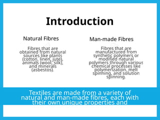 Introduction
Natural Fibres
Fibres that are
obtained from natural
sources like plants
(cotton, linen, jute),
animals (wool, silk),
and minerals
(asbestos).
Man-made Fibres
Fibres that are
manufactured from
synthetic polymers or
modified natural
polymers through various
chemical processes like
polymerization, melt
spinning, and solution
spinning.
Textiles are made from a variety of
natural and man-made fibres, each with
their own unique properties and
production processes.
 