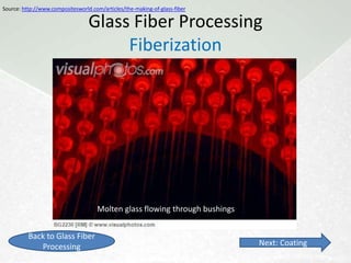 Source: http://www.compositesworld.com/articles/the-making-of-glass-fiber

                                  Glass Fiber Processing
                                       Fiberization
       • Extrusion                                                     • Attenuation
              – Extruded through 200-                                       – Drawing extruded
                8000 bushings made of                                         molten glass into
                Pt-Rh alloy                                                   filaments using high-
              – Bushings are heated                                           speed winder (tangential
                electronically to                                             speed of ~2miles/~3km
                maintain T                                                    per minute)
                ( 1204oC/2200oF) and                                        – High-speed winding
                consequently, glass                                           applies tension
                viscosity and thickness                                     – Diameter 4 m to 34 m

       *Varying cooling process change the form of the fiber
 