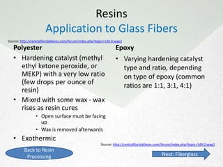Resin Processing
• Essentially polymerization in a large scale
                         Raw Materials


                           Processing


                         Polymerization


 Return to Contents       Purification    Next: Raw Materials
 