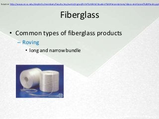 Source: http://www.ce.sc.edu/deptinfo/members/faculty/ray/web1/Ugrad/ECIV%20303/Student%20Presentations/Glass-reinforced%20Plastic.ppt



                                                 Fiberglass
       • Common types of fiberglass products
             – Roving
                    • long and narrow bundle
 