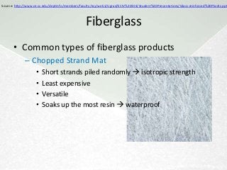 Source: http://www.ce.sc.edu/deptinfo/members/faculty/ray/web1/Ugrad/ECIV%20303/Student%20Presentations/Glass-reinforced%20Plastic.ppt



                                                 Fiberglass
       • Common types of fiberglass products
             – Chopped Strand Mat
                    •   Short strands piled randomly  isotropic strength
                    •   Least expensive
                    •   Versatile
                    •   Soaks up the most resin  waterproof
 