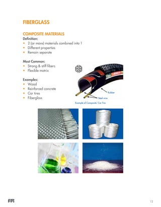 12
FIBERGLASS
COMPOSITE MATERIALS
Definition:
•	 2 (or more) materials combined into 1
•	 Different properties
•	 Remain separate
Most Common:
•	 Strong & stiff fibers
•	 Flexible matrix
Examples:
•	 Wood
•	 Reinforced concrete
•	 Car tires
•	 Fiberglass
Rubber
Steel wire
Example of Composite: Car Tire
 