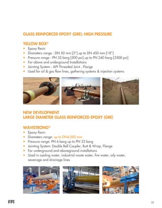 28
GLASS REINFORCED EPOXY (GRE): HIGH PRESSURE
YELLOW BOX®
•	 Epoxy Resin
•	 Diameters range : DN 50 mm [2”] up to DN 450 mm [18”]
•	 Pressure range : PN 35 barg [500 psi] up to PN 240 barg [3500 psi]
•	 For above and underground Installations
•	 Jointing System : API Threaded Joint , Flange
•	 Used for oil & gas flow lines, gathering systems & injection systems
NEW DEVELOPMENT
Large Diameter Glass Reinforced Epoxy (GRE)
WAVISTRONG®
•	 Epoxy Resin
•	 Diameters range: up to DN4,000 mm
•	 Pressure range: PN 6 barg up to PN 25 barg
•	 Jointing System: Double Bell Coupler, Butt & Wrap, Flange
•	 For underground and aboveground installations
•	 Used in cooling water, industrial waste water, fire water, oily water,
sewerage and drainage lines
 
