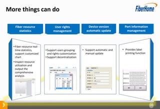 26
More things can do
Please insert title here
Please insert title here
Please insert title here
Fiber resource
statistics
User rights
management
• Fiber resource real-
time statistics,
support customized
chart
• Inspect resource
utilization and
output the
comprehensive
analysis
• Support users grouping
and rights customization
• Support decentralization
• Provides label
printing function
Please insert title here
Please insert title here
Please insert title here
Device version
automatic update
• Support automatic and
manual update
Port information
management
 