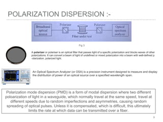 POLARIZATION DISPERSION :-
A polarizer or polariser is an optical filter that passes light of a specific polarization and blocks waves of other
polarizations. It can convert a beam of light of undefined or mixed polarization into a beam with well-defined p
-olarization, polarized light.
An Optical Spectrum Analyzer (or OSA) is a precision instrument designed to measure and display
the distribution of power of an optical source over a specified wavelength span.
9
Polarization mode dispersion (PMD) is a form of modal dispersion where two different
poloarization of light in a waveguide, which normally travel at the same speed, travel at
different speeds due to random imperfections and asymmetries, causing random
spreading of optical pulses. Unless it is compensated, which is difficult, this ultimately
limits the rate at which data can be transmitted over a fiber.
Fig 3
 