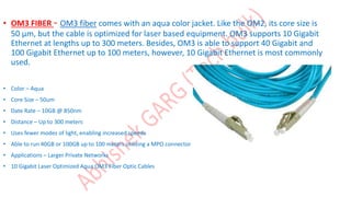 • OM3 FIBER - OM3 fiber comes with an aqua color jacket. Like the OM2, its core size is
50 µm, but the cable is optimized for laser based equipment. OM3 supports 10 Gigabit
Ethernet at lengths up to 300 meters. Besides, OM3 is able to support 40 Gigabit and
100 Gigabit Ethernet up to 100 meters, however, 10 Gigabit Ethernet is most commonly
used.
• Color – Aqua
• Core Size – 50um
• Date Rate – 10GB @ 850nm
• Distance – Up to 300 meters
• Uses fewer modes of light, enabling increased speeds
• Able to run 40GB or 100GB up to 100 meters utilizing a MPO connector
• Applications – Larger Private Networks
• 10 Gigabit Laser Optimized Aqua OM3 Fiber Optic Cables
 