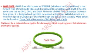 • OM5 FIBER - OM5 fiber, also known as WBMMF (wideband multimode fiber), is the
newest type of multimode fiber, and it is backwards compatible with OM4. It has the
same core size as OM2, OM3, and OM4. The color of OM5 fiber jacket was chosen as
lime green. It is designed and specified to support at least four WDM channels at a
minimum speed of 28Gbps per channel through the 850-953 nm window. More details
can be found at: Three Critical Focuses on OM5 Fiber Optic Cable
OM5 may be a potential new option for data centers that require greater link distances
and higher speeds.
 