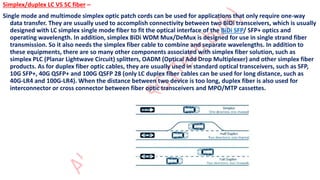 Simplex/duplex LC VS SC fiber –
Single mode and multimode simplex optic patch cords can be used for applications that only require one-way
data transfer. They are usually used to accomplish connectivity between two BiDi transceivers, which is usually
designed with LC simplex single mode fiber to fit the optical interface of the BiDi SFP/ SFP+ optics and
operating wavelength. In addition, simplex BiDi WDM Mux/DeMux is designed for use in single strand fiber
transmission. So it also needs the simplex fiber cable to combine and separate wavelengths. In addition to
these equipments, there are so many other components associated with simplex fiber solution, such as
simplex PLC (Planar Lightwave Circuit) splitters, OADM (Optical Add Drop Multiplexer) and other simplex fiber
products. As for duplex fiber optic cables, they are usually used in standard optical transceivers, such as SFP,
10G SFP+, 40G QSFP+ and 100G QSFP 28 (only LC duplex fiber cables can be used for long distance, such as
40G-LR4 and 100G-LR4). When the distance between two device is too long, duplex fiber is also used for
interconnector or cross connector between fiber optic transceivers and MPO/MTP cassettes.
 