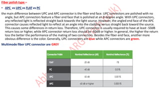 Fiber polish type –
• APC vs UPC vs FLAT vs PC
the main difference between UPC and APC connector is the fiber end face. UPC connectors are polished with no
angle, but APC connectors feature a fiber end face that is polished at an 8-degree angle. With UPC connectors,
any reflected light is reflected straight back towards the light source. However, the angled end face of the APC
connector causes reflected light to reflect at an angle into the cladding versus straight back toward the source.
This causes some differences in return loss. Therefore, UPC connector is usually required to have at least -50dB
return loss or higher, while APC connector return loss should be -60dB or higher. In general, the higher the return
loss the better the performance of the mating of two connectors. Besides the fiber end face, another more
obvious difference is the color. Generally, UPC connectors are blue while APC connectors are green.
Multimode fiber UPC connector are GREY
 