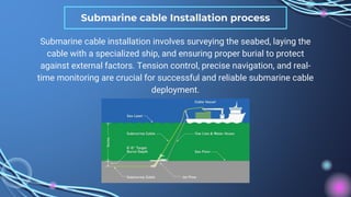Submarine cable installation involves surveying the seabed, laying the
cable with a specialized ship, and ensuring proper burial to protect
against external factors. Tension control, precise navigation, and real-
time monitoring are crucial for successful and reliable submarine cable
deployment.
Submarine cable Installation process
 