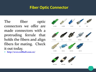 Fiber Optic Connector
The fiber optic
connectors we offer are
made connectors with a
protruding ferrule that
holds the fibers and align
fibers for mating. Check
it out today.
 http://www.rollball.com.cn/
 