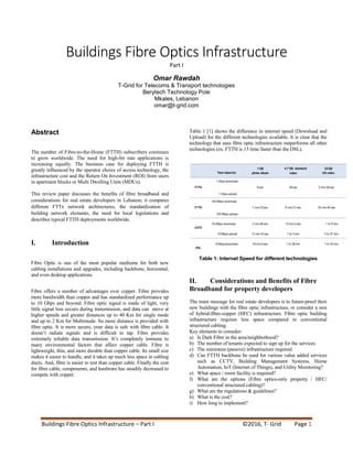 Buildings Fibre Optics Infrastructure – Part I ©2016, T- Grid Page 1
Buildings Fibre Optics Infrastructure
Part I
Omar Rawdah
T-Grid for Telecoms & Transport technologies
Berytech Technology Pole
Mkales, Lebanon
omar@t-grid.com
Abstract
The number of Fibre-to-the-Home (FTTH) subscribers continues
to grow worldwide. The need for high-bit rate applications is
increasing equally. The business case for deploying FTTH is
greatly influenced by the operator choice of access technology, the
infrastructure cost and the Return On Investment (ROI) from users
in apartment blocks or Multi Dwelling Units (MDUs).
This review paper discusses the benefits of fibre broadband and
considerations for real estate developers in Lebanon; it compares
different FTTx network architectures, the standardization of
building network elements, the need for local legislations and
describes typical FTTH deployments worldwide.
I. Introduction
Fibre Optic is one of the most popular mediums for both new
cabling installations and upgrades, including backbone, horizontal,
and even desktop applications.
Fibre offers a number of advantages over copper. Fibre provides
more bandwidth than copper and has standardized performance up
to 10 Gbps and beyond. Fibre optic signal is made of light, very
little signal loss occurs during transmission, and data can move at
higher speeds and greater distances up to 40 Km for single mode
and up to 2 Km for Multimode. So more distance is provided with
fibre optic. It is more secure, your data is safe with fibre cable. It
doesn’t radiate signals and is difficult to tap. Fibre provides
extremely reliable data transmission. It’s completely immune to
many environmental factors that affect copper cable. Fibre is
lightweight, thin, and more durable than copper cable. Its small size
makes it easier to handle, and it takes up much less space in cabling
ducts. And, fibre is easier to test than copper cable. Finally the cost
for fibre cable, components, and hardware has steadily decreased to
compete with copper.
Table 1 [1] shows the difference in internet speed (Download and
Upload) for the different technologies available. It is clear that the
technology that uses fibre optic infrastructure outperforms all other
technologies (ex. FTTH is 15 time faster than the DSL).
Table 1: Internet Speed for different technologies
II. Considerations and Benefits of Fibre
Broadband for property developers
The main message for real estate developers is to future-proof their
new buildings with the fibre optic infrastructure, or consider a mix
of hybrid-fibre-copper (HFC) infrastructure. Fibre optic building
infrastructure requires less space compared to conventional
structured cabling.
Key elements to consider:
a) Is Dark Fibre in the area/neighborhood?
b) The number of tenants expected to sign up for the services
c) The minimum (passive) infrastructure required
d) Can FTTH backbone be used for various value added services
such as CCTV, Building Management Systems, Home
Automation, IoT (Internet of Things), and Utility Monitoring?
e) What space / room facility is required?
f) What are the options (Fibre optics-only property / HFC/
conventional structured cabling)?
g) What are the regulations & guidelines?
h) What is the cost?
i) How long to implement?
 